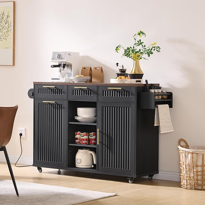 57" Kitchen Island with Storage — Kitchen Rolling Island with Trash Can Storage Cabinet, Power Outlet & Drop Leaf, Large Mobile Island Cart on Wheels with Spice & Towel Rack, Knife Holder (Black)