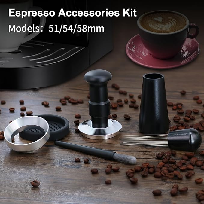 54mm Espresso Tamper Set, 5-IN-1 Espresso Accessories Kit with Coffee Tamper, WDT Tool, Dosing Funnel, Non-slip Mat and Cleaning Brush