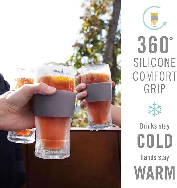 HOST Freeze Beer Glasses, 16 ounce Freezer Gel Chiller Double Wall Plastic Frozen Pint Glass, Set of 4, Black and Grey