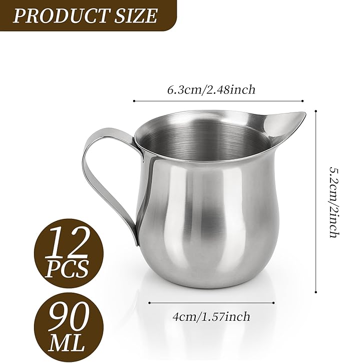 12 Pack Stainless Steel Bell Creamers 3 oz Mini Cream Pitcher Small Cream Jugs for Milk, Coffee, Jam, Sauces, Syrup