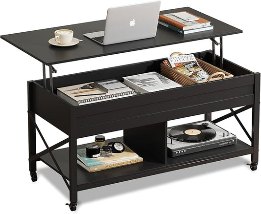 WLIVE Coffee Table, 41.3" Lift Top Coffee Table with 4 Wheels, Hidden Compartment, Storage Shelf and Lift Tabletop for Living Room, Reception Room, Black