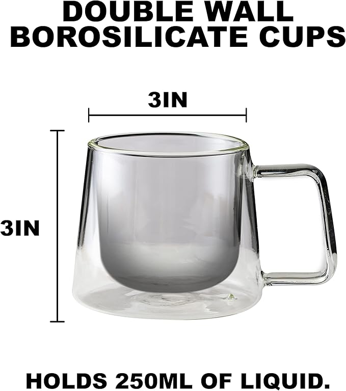 LEMONSODA Double Walled Glass Coffee Drink Mug with Handle - Set of 4 (250 mL / 8.5 fl. oz) Insulated Thermal Mugs Glasses For Tea, Coffee, Latte, Cappucino, Cafe, Milk - Housewarming Gifts