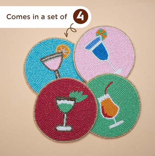 Folkulture Boho Coaster Set of 4 | 4" Round Decorative Drink Mats or Cocktail Coasters for Coffee Table & Farmhouse Decor | Cute & Stylish Table Accessories for Cups, Wine Glasses, Bar, Party or Gift