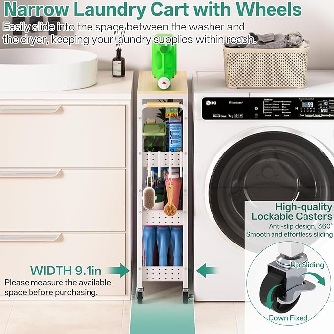 Slim Rolling Storage Cart, 4 Tier Small Organizer Cart with Wheels, Metal Utility Shelf Kitchen Bathroom Laundry Room Organization Trolley with Handle for Narrow Space (9.1" Overall Width)