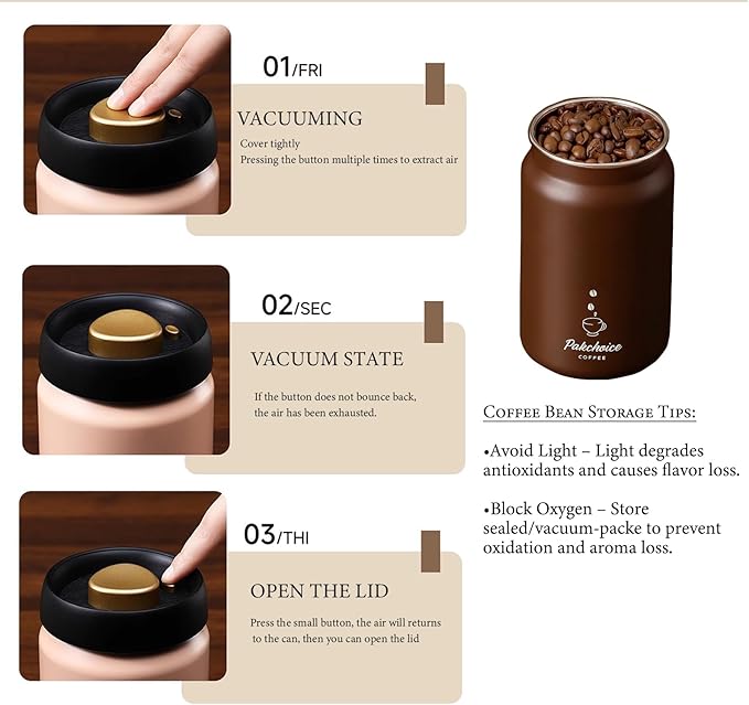 Vacuum Sealed Coffee Canister | 316 Stainless Steel Airtight Container for Beans & Grounds | 1200ml