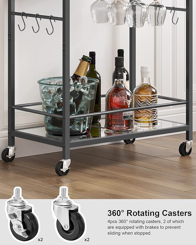 TUTOTAK Bar Cart, Serving Cart - for Home, Microwave Cart, Drink Cart, Mobile Kitchen Shelf with Wine Rack and Glass Holder, Rolling Beverage Cart, Black BC01BK031
