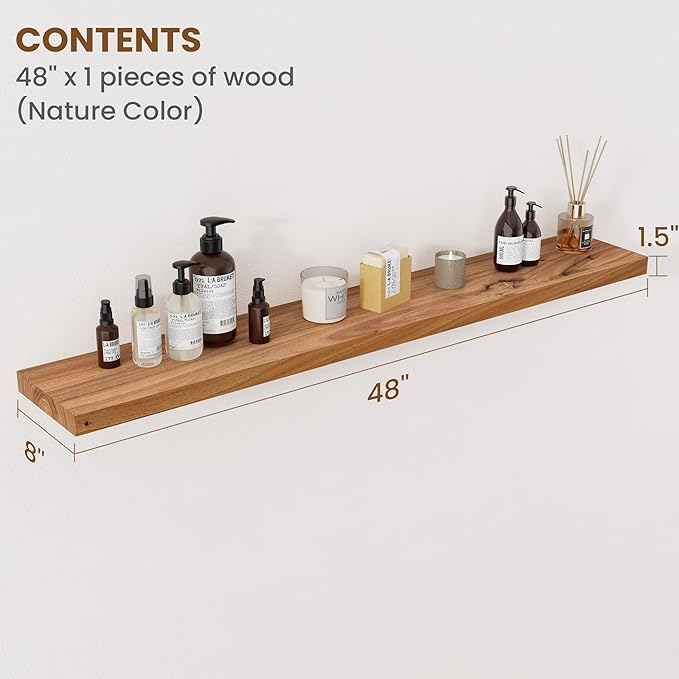 Floating Shelves for Wall Decor, 8" Deep Rustic Solid Elm Wood Floating Shelves Wall Mounted, Wall Shelves with Invisible Bracket for Living Room Bathroom Bedroom Kitchen, 48 Inch Set of 1, Natural