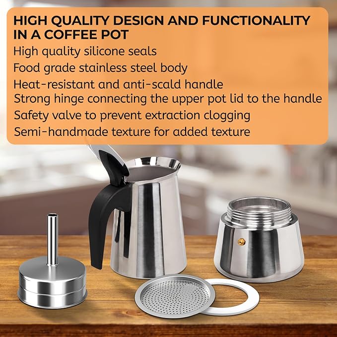 4 Cup 200ml Moka Pot Stainless Steel Espresso Coffee Maker Stovetop Percolator Coffeemaker Italian Classic Style Brewing Greca Cafe Mocha Machine for Cafeteras Lover Camping Travel and Home Use 6.6oz