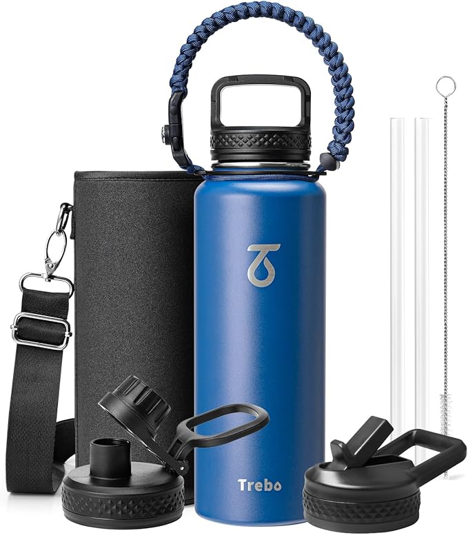 Trebo Water Bottle 40oz with Paracord Handle, Half Gallon Large Vacuum Double Wall Stainless Steel Insulated Water Jug with Holder Strap Straw Spout Lids, Leakproof Keep Cold & Hot,Classic Blue
