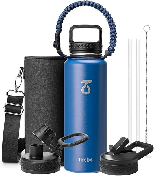 Trebo Water Bottle 40oz with Paracord Handle, Half Gallon Large Vacuum Double Wall Stainless Steel Insulated Water Jug with Holder Strap Straw Spout Lids, Leakproof Keep Cold & Hot,Classic Blue