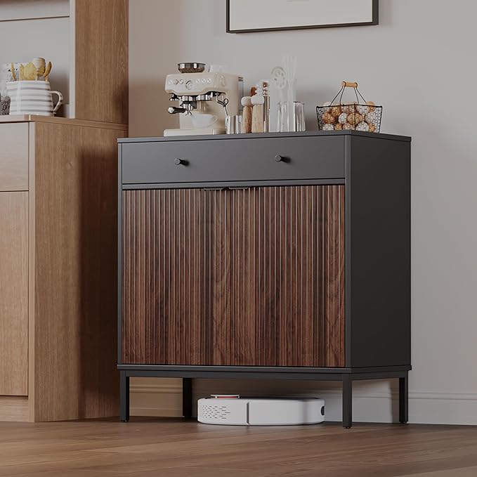 Mericonia Farmhouse Buffet Sideboard Cabinet with Storage, Fluted Coffee Bar with Doors and Adjustable Shelves, Modern Wood Console Cabinet for Kitchen, Livingroom (Fluted 2 Door, Black & Walnut)