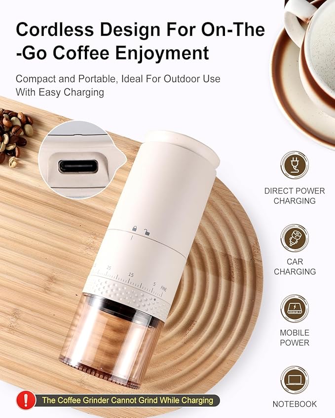 Portable Electric 420 Stainless Steel Burr Coffee Grinder, Rechargeable Espresso Grinder with 38 Adjustable Grind Settings (White)