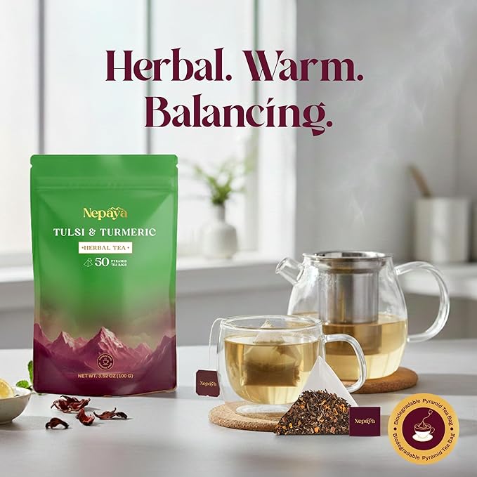 Nepaya Tulsi & Turmeric Herbal Tea – 50 Pyramid Tea Bags, Holy Basil with Cinnamon & Black Pepper, Biodegradable, Caffeine-Free, Himalayan Blend