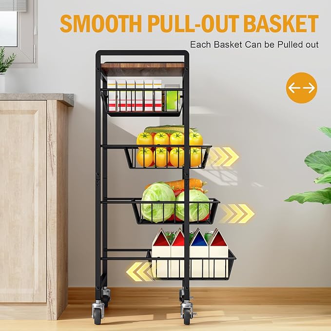 TOOLF 5-Tier Kitchen Storage Cart with Tabletop, Rolling Snack Cart with Lockable Wheels, Fruit Vegetable Basket with 4 Pack Mats, Metal Storage Rack with Pull-Out Pantry Trolley for Organizer