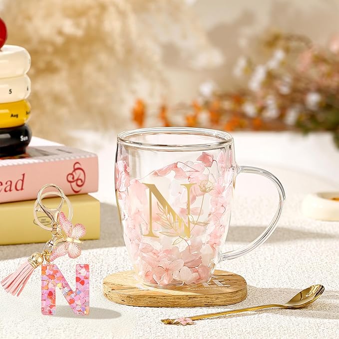 Personalized Gift for Women Flower Glass Coffee Mug Initial Tea cup Monogrammed Customized Bridesmaid Bride Wedding Gifts Graduation Gifts Valentine Mother's Day Birthday Christmas Gift (N)