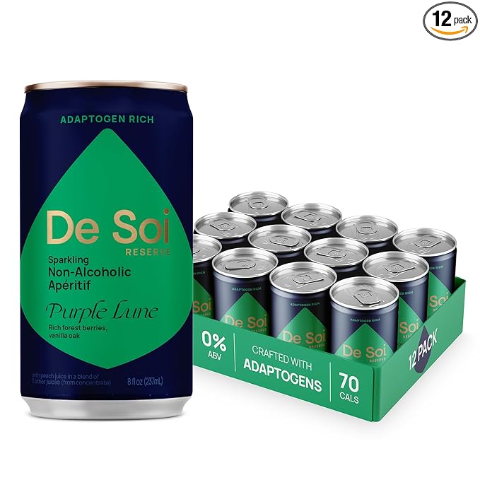 De Soi Purple Lune Mocktails NA Drinks 8 fl oz (12-pack) - Adaptogen Drink, Sparkling Drink with Calming Botanicals, Mocktail Drinks, Gluten Free, No Artificial Flavors