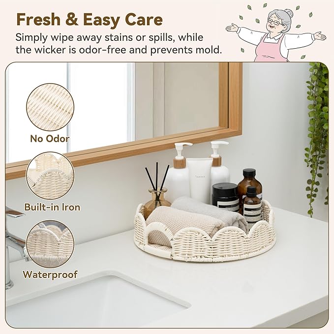 GRANNY SAYS Wicker Decorative Scalloped Trays for Home Decor, Coffee Table Trays with Handles, Woven Rattan Tray for Kitchen Counter, Round Serving Tray Decor for Living Room and Ottoman, White