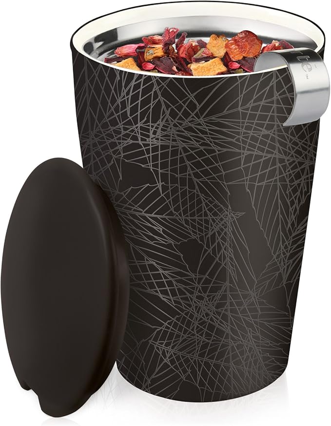 Tea Forte Double-Walled Ceramic Kati Cup, Removable Stainless Steel Infuser Basket and Lid, Steeps 12 oz Loose Leaf Tea, Dishwasher & Microwave Safe, Noir