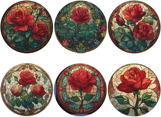 Rose Coasters for Drinks with Holder Round Leather Coasters Set of 6 Cups Mugs Mat Pad for Home Kitchen Bar