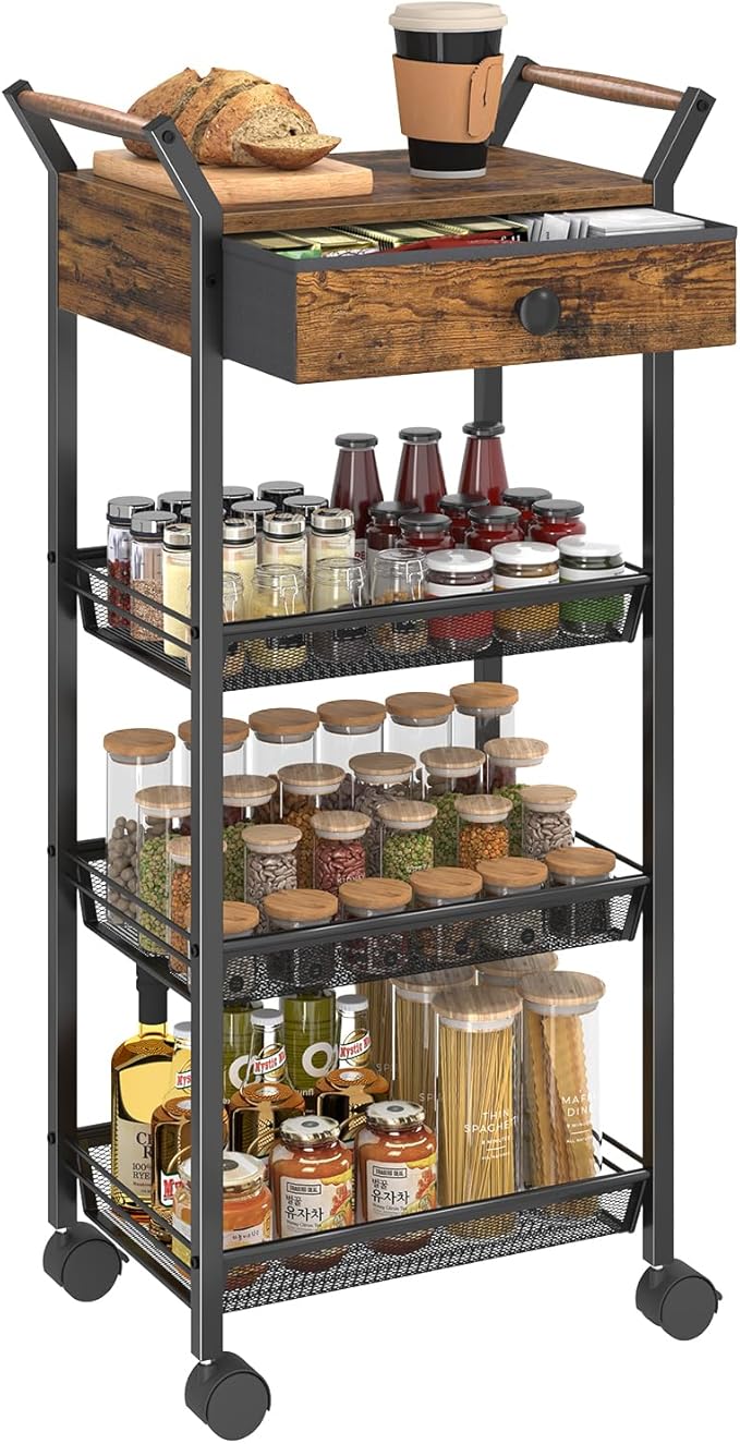 Large Fruit Vegetable Storage Cart, 5-Tier Kitchen Rolling Cart with Wheels & Drawer, Metal Wire Storage Basket Organizer Baskets for Kitchen, Pantry, Bathroom