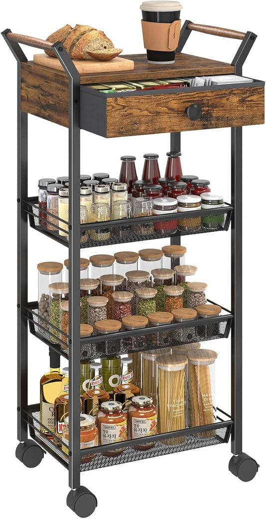 Large Fruit Vegetable Storage Cart, 5-Tier Kitchen Rolling Cart with Wheels & Drawer, Metal Wire Storage Basket Organizer Baskets for Kitchen, Pantry, Bathroom