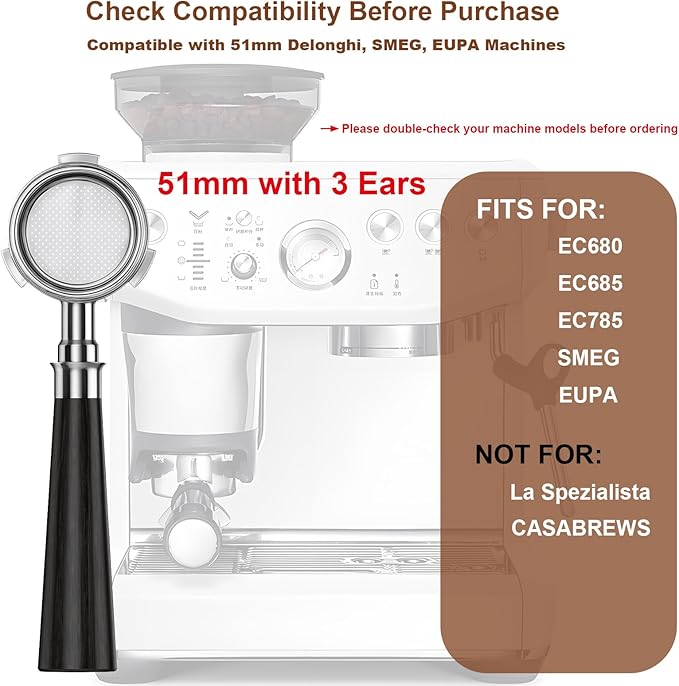 51mm Bottomless Portafilter 3 Ears with Puck Screen & WDT Tool, Stainless Steel Filter Basket, Compatible with Delonghi Dedica EC680/685/885, SMEG ECF01 & EUPA Espresso Machines