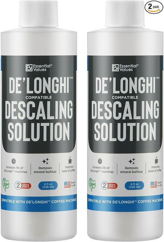 Essential Values Descaling Solution Compatible with De Longhi - Coffee Descaler - Coffee Maker Cleaner - Kettle, Espresso Machine Cleaning - 12 Month Supply 2-Pack
