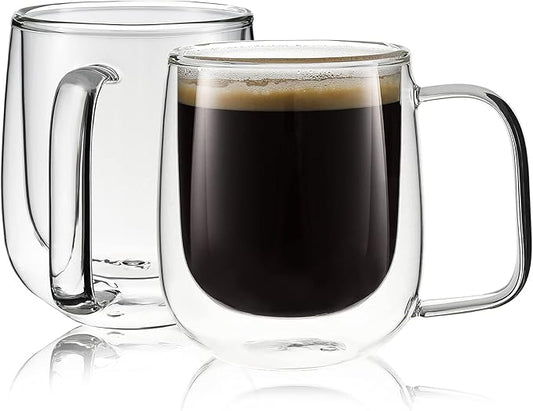vzaahu Double Wall Coffee Mugs with Handle [2-Pack,12 Oz] 360ml Glasses Espresso Cups of Heat Resistant Clear Glass Mug Set for Cappuccino, Tea, Latte, Ice Beverage