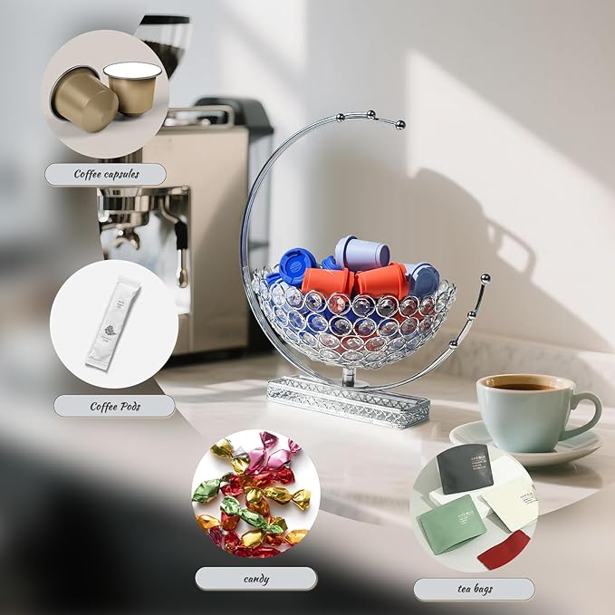 Metal & Crystal Coffee Pod Holder & Candy Basket - Elegant Multipurpose Storage Organizer for K Cups, Espresso Pods, Treats - Kitchen, Office, Home Bar (Silver, 1 PC)