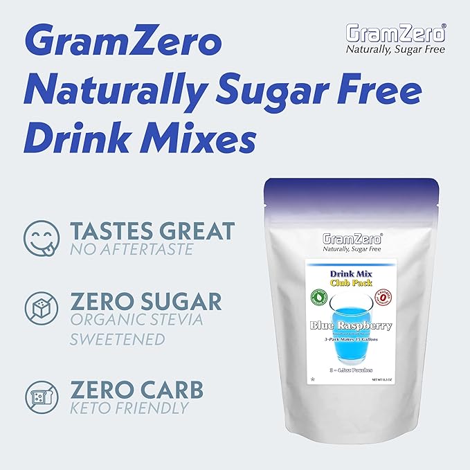 GramZero All Natural Blue Raspberry Zero Calorie Sugar Free Drink Mix, Great For Nutrition Club Loaded Tea, Stevia Sweetened