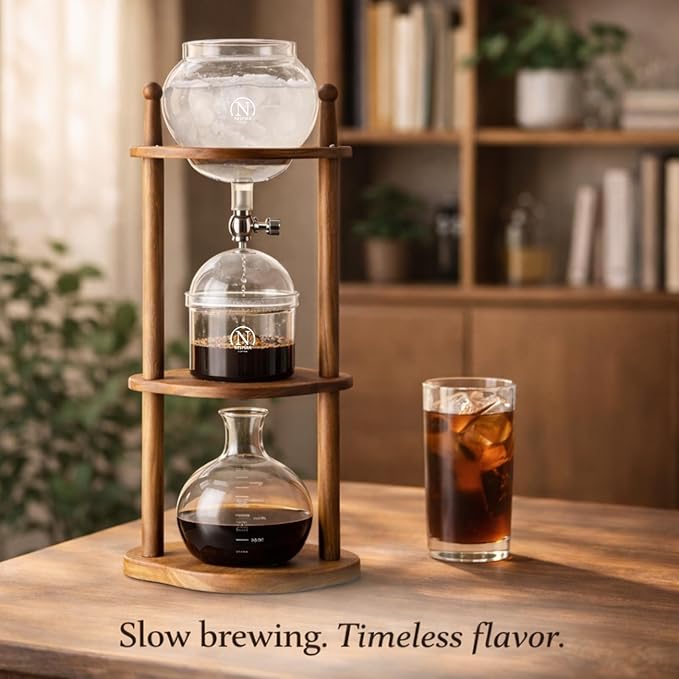 Nispira Cold Brew coffee Maker Ice Coffee Drip Machine with Advanced Slow Drip Technology Borosilicate Glass with Wood Tower, 6-8 Cup, Brown