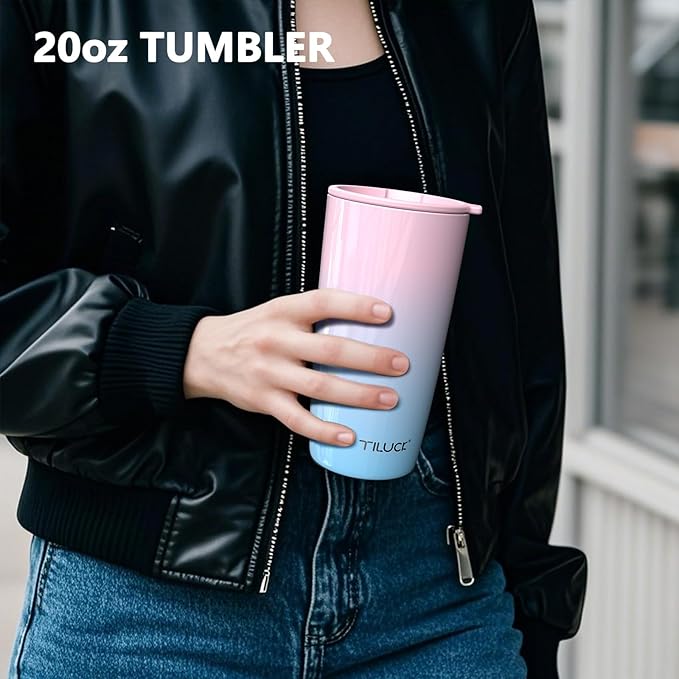 TILUCK 20 oz Tumbler with Lid, Vacuum Insulated Stainless Steel Coffee Mug, Double-Walled Travel Tumbler for Hot and Cold Drinks(PinkBlue, 20oz)