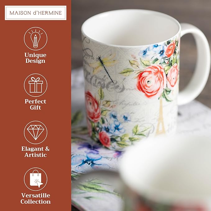 Maison d' Hermine Coffee Mug with Handles Fine Bone China Mugs Pack of Two Tea Cups for Hot Beverages Cappuccino Latte Home Restaurant Office Perfect for Gift (Champ De Mars, 12 Ounce)