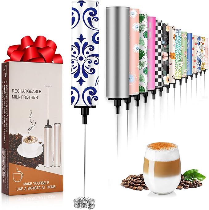 Milk Frother Handheld Rechargeable - 2-Speed Electric Whisk with 5 Detachable Heads (Frother/Mixer/Whisk) for Coffee, Latte, Cappuccino & Matcha, Drink Mixer (Flower 14)