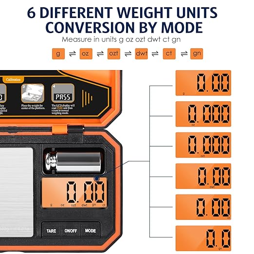 Digital Pocket Scale, High-Precision 500g x 0.01g Gram Scale with 50g Calibration Weight, Mini 6 Units Jewelry Scale with LCD Display, Tare Function for Food, Jewelry, Coin, Coffee, Battery Included