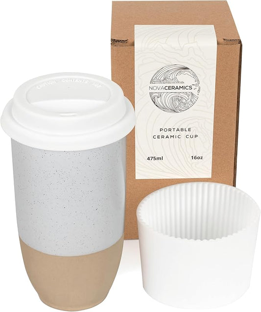 NOVA CERAMICS Travel Mug - Coffee Mug Travel – Microwave & Dishwasher Safe Coffee Clay Tumbler - Gifts For Women Men Him Her – 16oz – Dune