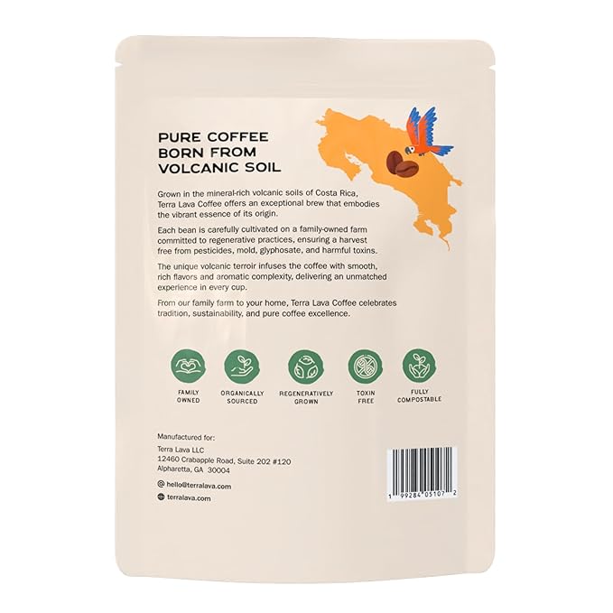 Terra Lava Whole Bean Coffee – Single-Origin Costa Rican Arabica, Lab-Tested for Purity, Mold-Free & Mycotoxin-Free, Low-Acid, Small-Batch Roasted – 12 oz (Medium Roast)