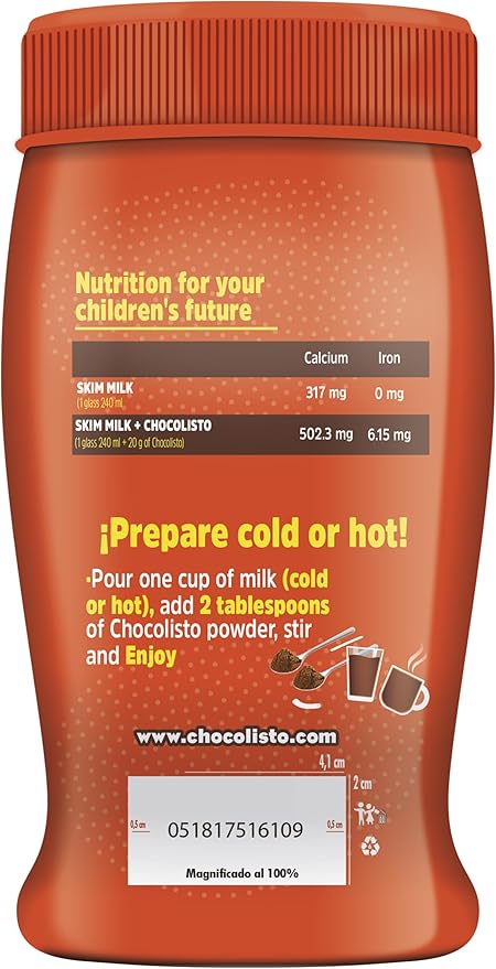 Chocolisto Instant Chocolate Drink, Nutritious Beverage with Vitamins and Minerals, 10.5 oz, Pack of 1.