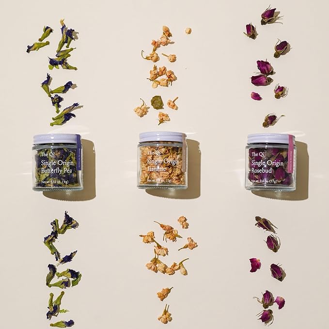The-Qi Trio Petite Flower Teas Set - 3 Jars of Whole Flowers (Butterfly Pea, Rosebud, & Jasmine) - 100% All Natural Floral Tea Gift Set for Inner Calm, Relaxation, & Wellness - Naturally Caffein-free
