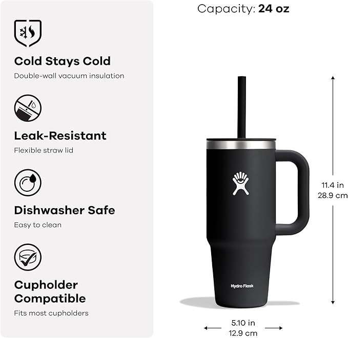 Hydro Flask Travel Tumbler with Handle, Lid and Straw - Insulated Stainless Steel in 24 Oz Aloe