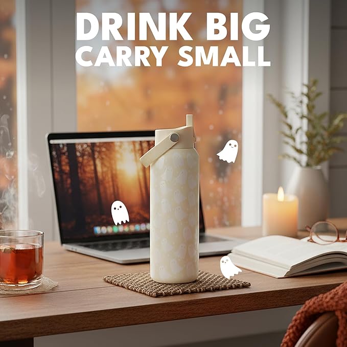 Elemental 40oz Insulated Water Bottle with Straw - 100% Leak-Proof Stainless Steel Core Water Bottles for Travel, Sports and Gym - Double Wall Insulation & BPA Free - Little Ghostie