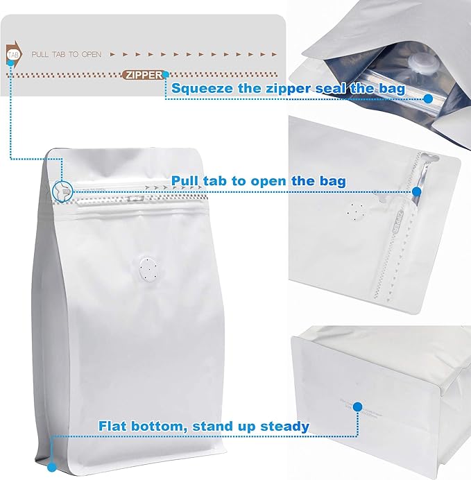 50 Pieces 16 Ounce White Kraft Paper Coffee Bags, Stand Up Coffee Pouches with One Way Degassing Valve and Reusable Side Zipper (Pull Tab to Open) Flat Bottom - Stand Up Well (16oz,1lb, 454gram)