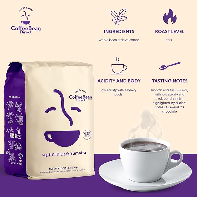 Coffee Bean Direct Half-Caff Dark Sumatra, Whole Bean Coffee, Dark Roast, 5 Pound Bag (Pack of 1)
