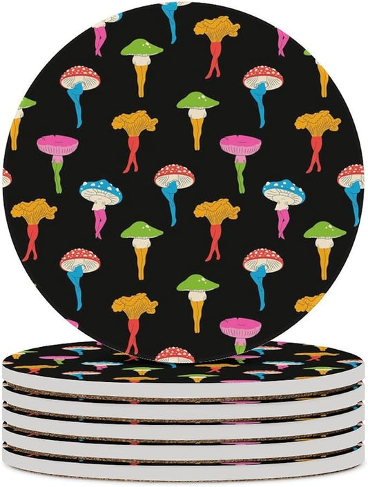 Botanical Drink Coasters, Round Ceramic Drink Coaster Round-6PCS, Cartoon Botanical Colorful Mushroom Pattern Decor Absorbent Ceramic Coasters for Beverage Cup, Bar, Coffee Table