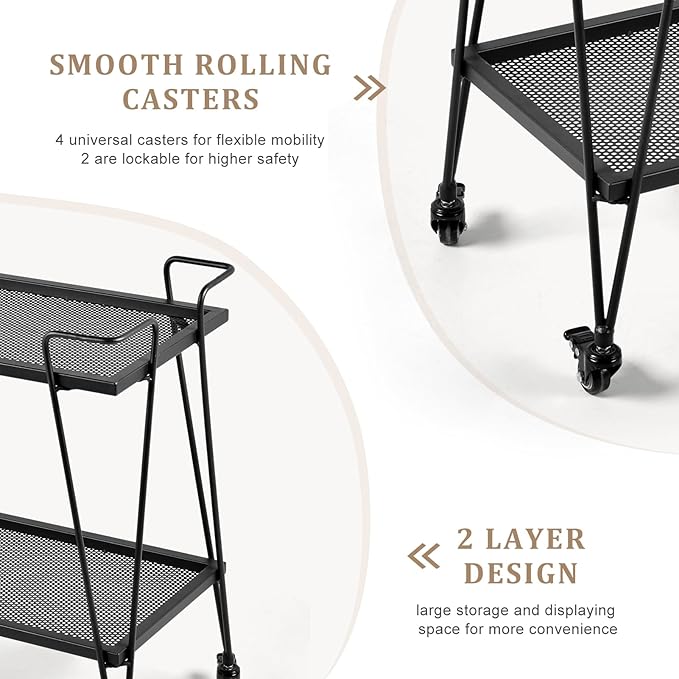 2-Tier Rolling Bar Cart with Wine Glass Rack, Black Metal Mesh Design, Mobile Storage Trolley with 4 Universal Wheels (2 Lockable for Safety), Handle on All Sides, 28.3x14.6x27 Inches