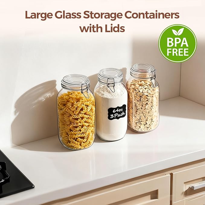 ComSaf Large Glass Jars with Airtight Lid Half Gallon, 64 OZ Mason Jars Set of 3, Glass Canisters with Airtight Lids, 0.5 Gallon Canning Jar with Seal Wire Clip Fastening for Kitchen, Pickle