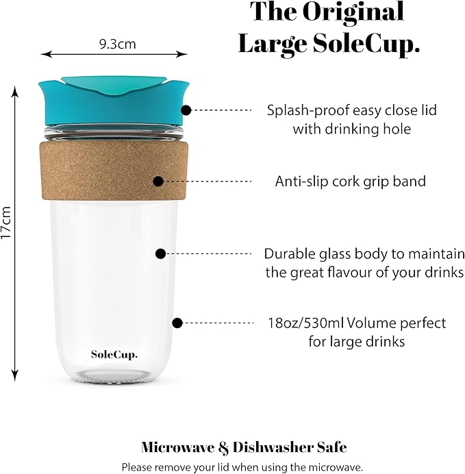 Large Travel Mug - Reusable Insulated Coffee Mug - 18oz/530ml BPA-Free Hot Drink Travel Mug with Lid & Cork Band (Blue, 18oz)