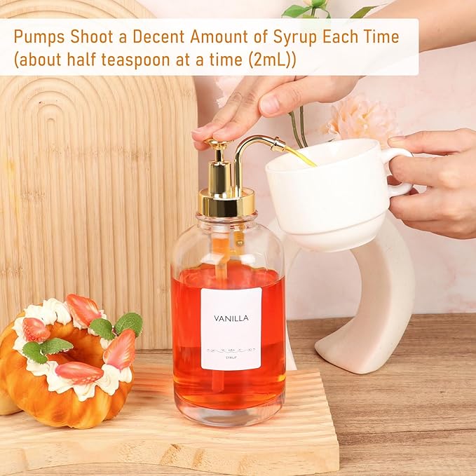 Coffee Syrup Dispenser 16.9 Oz 2 Pack, 500ml Glass Bottle with Gold Pump for Coffee Bar, Includes 36 Stickers - Reusable Syrup Bottles
