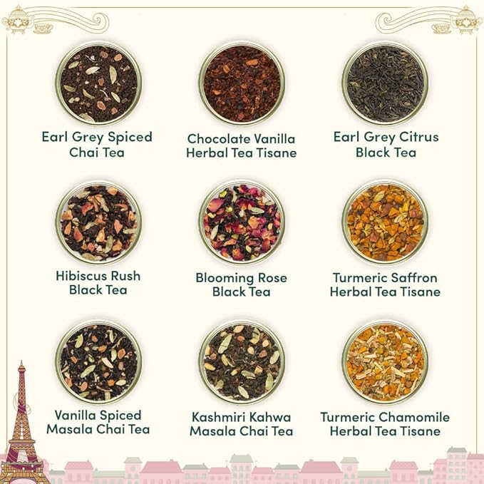 VAHDAM, Weekend in Paris Valentines Day Tea Gift Set - 9 Loose Teas | Tin Caddy Travel Edition Gift Box | Valentines Day Gifts for Him & Her | Gluten Free, Non GMO