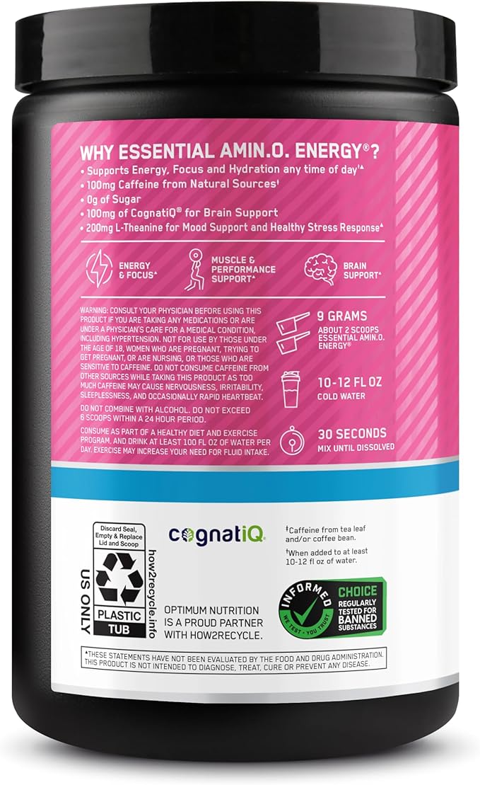 Optimum Nutrition Amino Energy Powder Plus Focus, with BCAA, Electrolytes, and Caffeine, Watermelon, 30 Servings (Packaging May Vary)